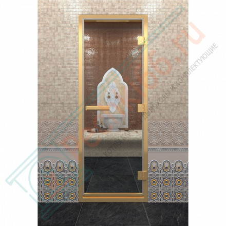 Стеклянная дверь DoorWood «Хамам Прозрачная» в золотом профиле 1900х800 (по коробке)