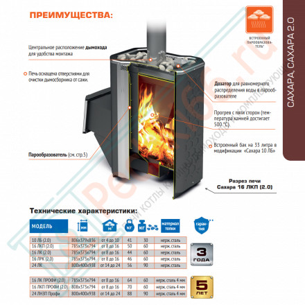 Печь для бани Сахара-24 ЛКП (2.0), с парообразователем (Теплодар)