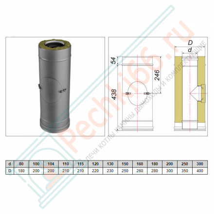 Труба V50R с лючком ревизии с изол L=500 (AISI-321/0,8-AISI-304/0,5) d-300/400 (Вулкан-Cerablanket)